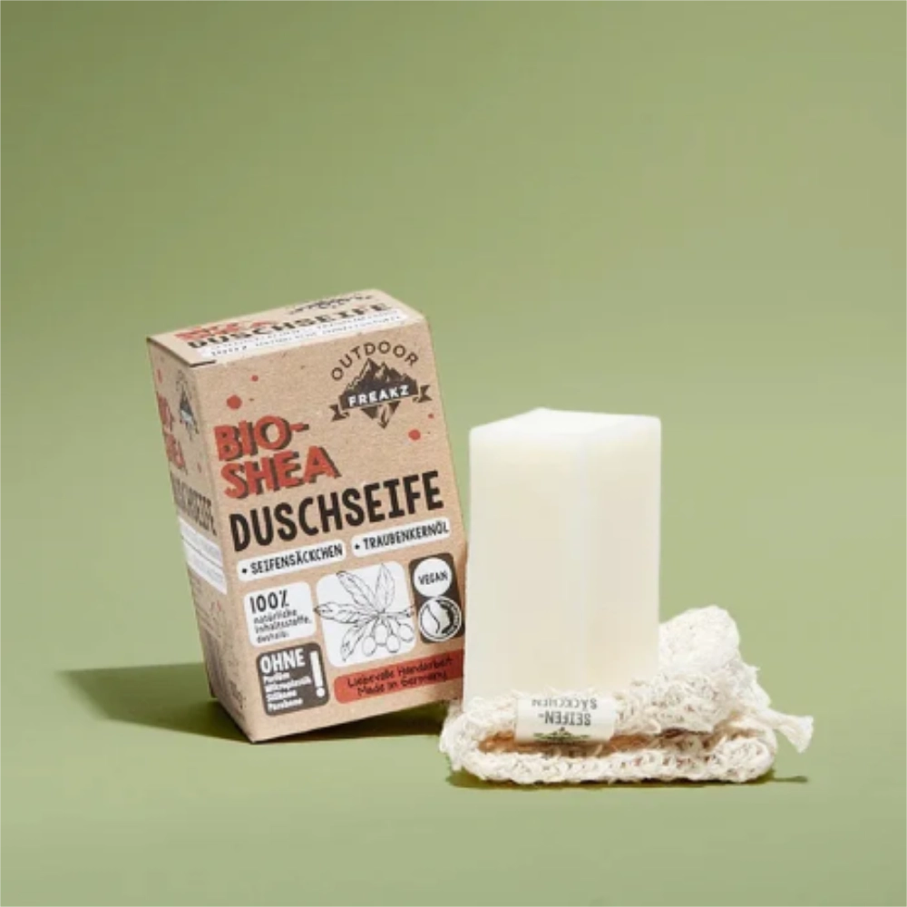 Outdoor Freakz - Bio Shea Duschseife mit dem Sisalsack